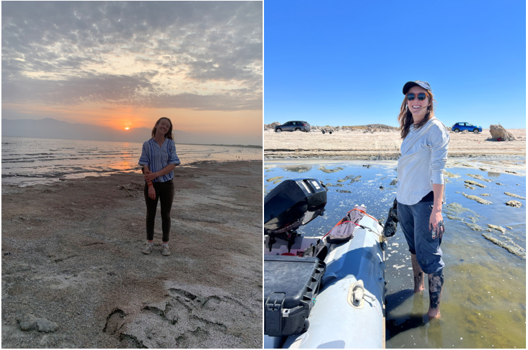 Two images of Meg Slattery. On the right is Meg standing in the Salton Sea, on the left is Meg standing on the shore of the Salton Sea with a sunset behind her. 